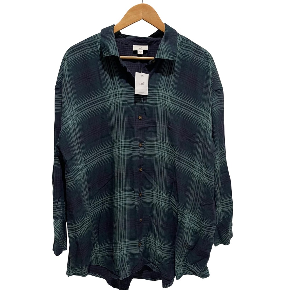 J Jill Plaid Button Down Shirt Women XL Spruce Mt Rayon Long Sleeve